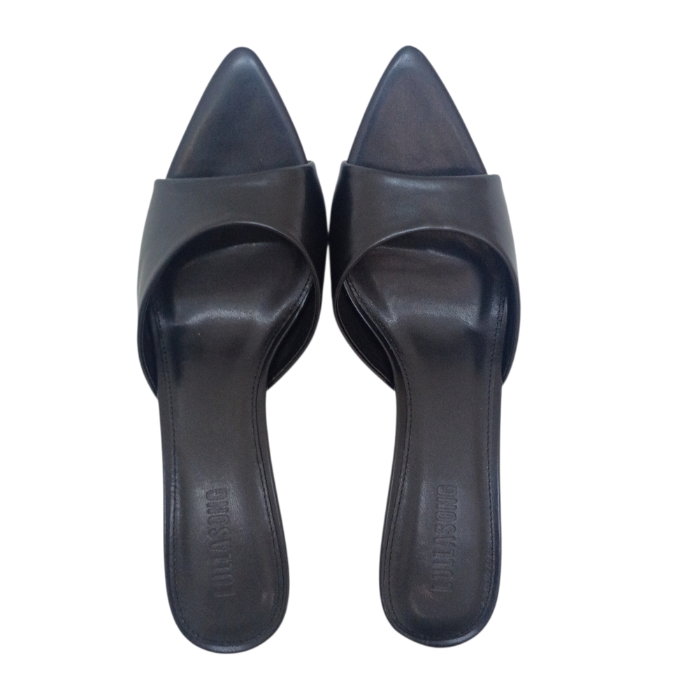 Black Leather Pointed Toe Slide Mules